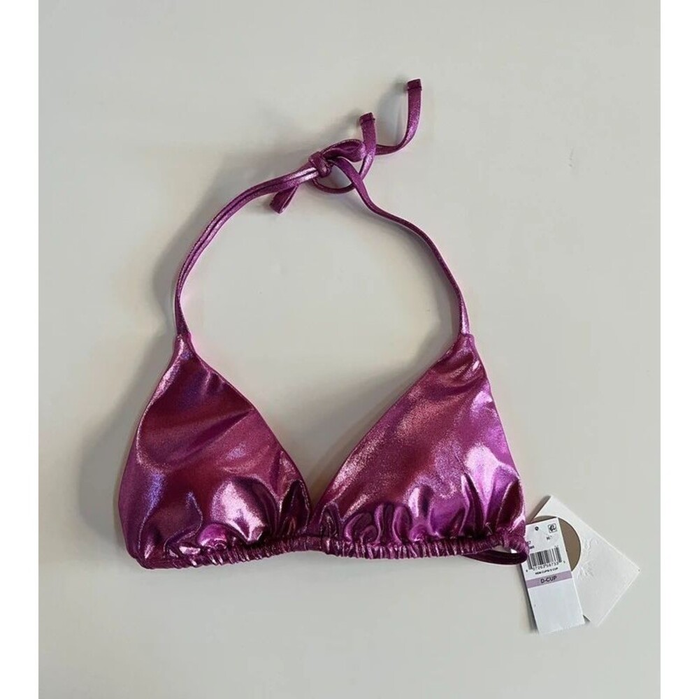 NWT Becca Liquid Metal Triangle String Bikini Top Hibiscus Pink D-Cup Size
